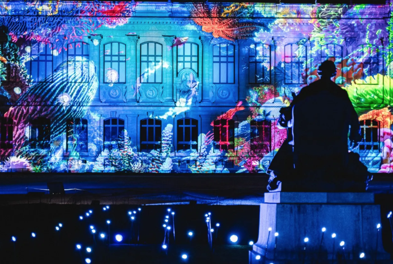 Illuminations du parcours Lumières de la Nature au Jardin des Plantes, installations lumineuses et sculptures nocturnes